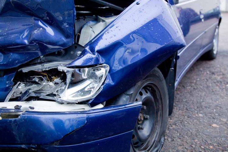 Broken Blue Car With A Damaged Bumper — Fast & Affordable Car Hires in Bilinga, QLD